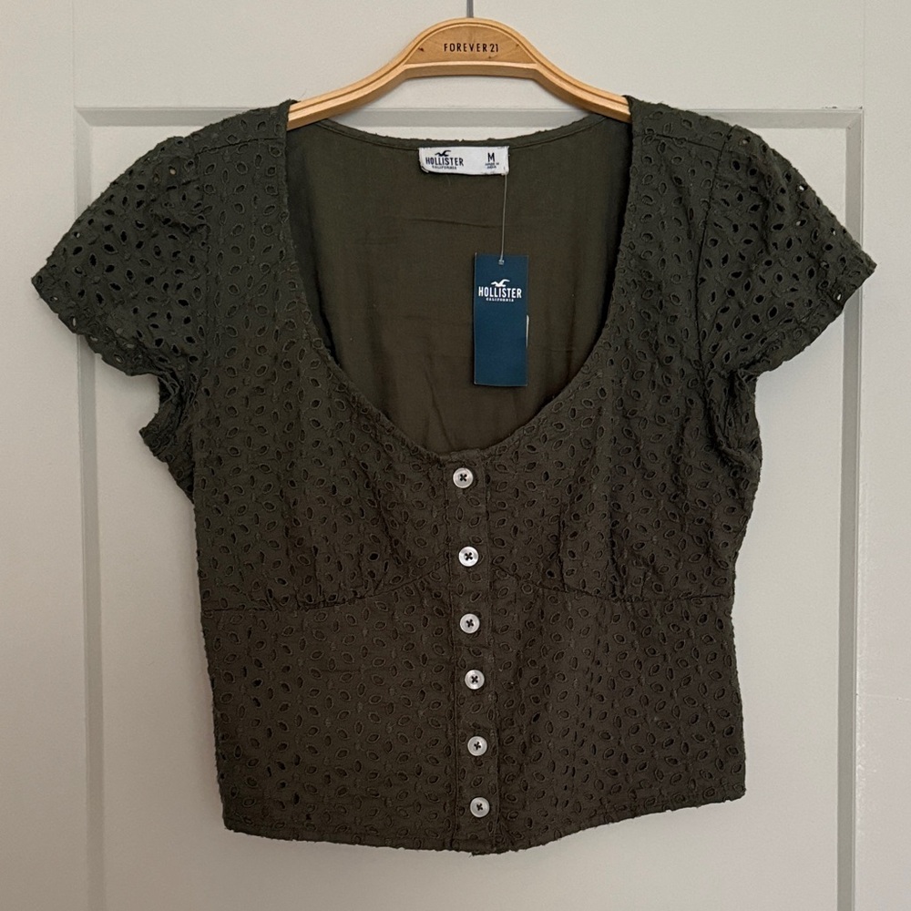 Hollister Dark Green Eyelet Button-Up Blouse